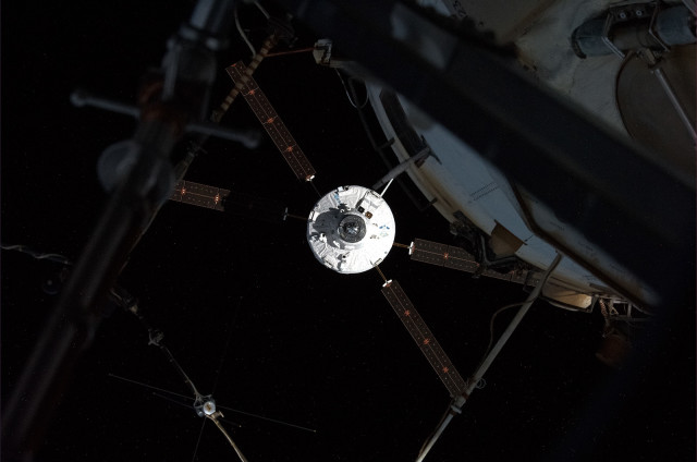 The European Space Agency’s ATV-5 spacecraft, loaded with a variety of supplies, is seen here approaching the International Space Station, on August 12, 2014.  Launched from French Guiana on July 29, 2014 this was the last ATV spacecraft that ESA will send to resupply the space station. (© Roscomos/O.Artemyev)