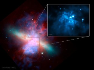 This image of the galaxy Messier 82 is a composite of data from the Chandra X-Ray Observatory, the Hubble Space Telescope and the Spitzer Space Telescope. The intermediate-mass black hole M82 X-1 is the brightest object in the inset, at approximately 2 o'clock near the galaxy's center. (NASA/Feng et al)