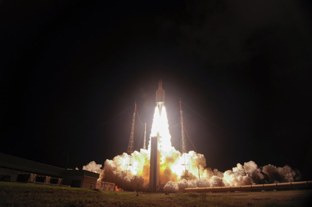The European Space Agency’s last un-manned Automated Transfer Vehicle to deliver supplies to the International Space Station lifts off atop an Ariane 5 launcher from Europe’s Spaceport in French Guiana on July 29, 2014.  (© ESA)