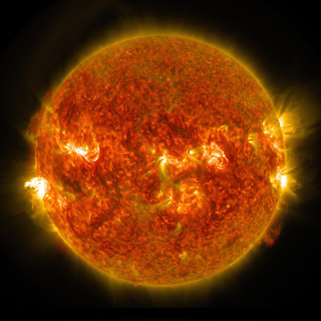 The sun recently let loose with a burst of radiation in this M5 class or mid-level solar flare that peaked at 1216 UTC, on August 24, 2014.  This image was taken by NASA's Solar Dynamics Observatory (SDO).  The M class of solar flares is about ten times less powerful than the most powerful flares, called X-class flares. (NASA/SDO) 