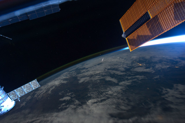 Here’s another view of a Perseid meteor as it streaks through the Earth's atmosphere.  This photo was taken by astronaut Ron Garan while aboard the International Space Station on August 13, 2011. (NASA)