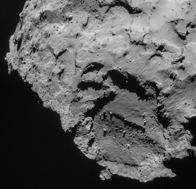 This is the primary landing site on the comet 67P/Churyumov-Gerasimenko that was selected by the European Space Agency for its Philae lander.  The photo was taken by the Rosetta spacecraft on September 21, 2014.  Before picking this location, known to ESA scientists as ‘landing site J’, the space agency had considered a number of other touch down spots for its lander that is scheduled to be sent  down to the comet by the Rosetta in November 2014. (© ESA/Rosetta/NAVCAM)