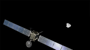 Artist impression of ESA's Rosetta approaching comet 67P/Churyumov-Gerasimenko. ((c) Spacecraft- ESA/ATG Medialab/Comet - ESA/Rosetta/NAVCAM