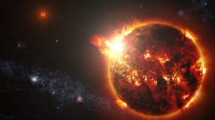 Artist rendering of the series of powerful solar flares that were observed blasting from one of the two Red dwarfs in the DG CVn binary star system. (NASA)