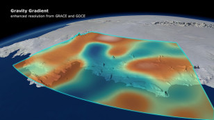 A combination of data from ESA’s GOCE mission and NASA’s Grace satellites shows the changes in Earth’s gravity field resulting from loss of ice from West Antarctica between November 2009 and June 2012. (DGFI/Planetary Visions)