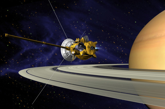 Artist's concept of the Cassini spacecraft during Saturn orbit insertion. (NASA/JPL/Caltech)