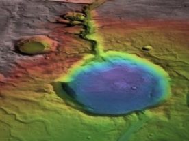 Early in Mars history water formed an open-basin lake, filling the crater, forming a delta, and breaching the lower rim as water flowed to lower elevations (blue). (NASA/James Dickson, Brown University)