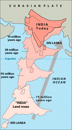 After splitting from Madagascar, the Indian subcontinent traveled north and collided with Asia. (USGS)