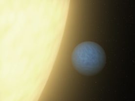 An artist's concept of exoplanet 55 Cancri e as it closely orbits its star 55 Cancri A (NASA/JPL-Caltech)