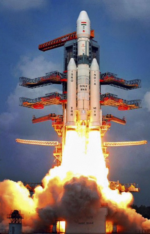 The Indian Space Research Organization (ISRO) successfully launched its heaviest rocket ever on 12/18/14.  Called the Geosynchronous Satellite Launch Vehicle (GSLV Mark-III), the huge rocket also carried an experimental crew module, CARE (Crew Module Atmospheric Re-entry Experiment), into space.  (AP/Press Trust of India) 