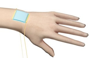 A new kind of stretchy "electronic skin" (blue patch) is the first to be able to detect directional pressure. (American Chemical Society)