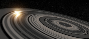 Artist’s conception of the extrasolar ring system circling the young giant planet or brown dwarf J1407b. (Ron Miller)