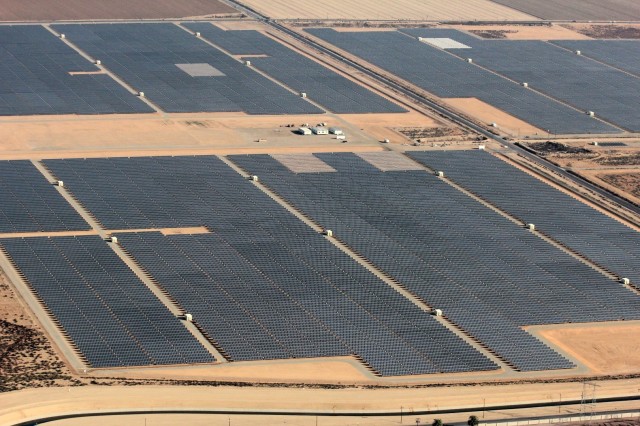 Here’s an aerial view of SunEdison and TerraForm Power’s Regulus solar facility in Kern County, California that began generating solar energy on 2/18/15 (PRNewsFoto/SunEdison, Inc.)