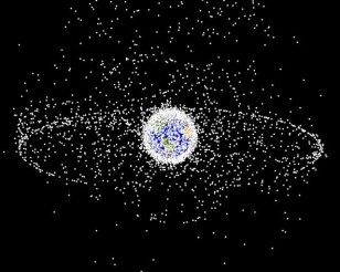 Computer generated image of space debris from a distant vantage point to provide a good view of the object population in the geosynchronous region (NASA)