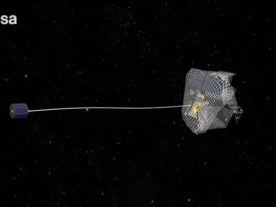One capture concept being explored through ESA's e.Deorbit system study for Active Debris Removal - capturing the satellite in a net attached to either a flexible tether - as seen here - or a rigid connection. ((c) ESA)