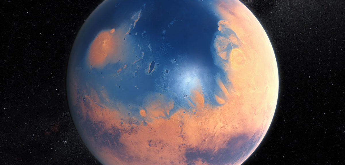 An artist’s impression shows how Mars may have looked about four billion years ago. (ESO/M. Kornmesser/N. Risinger/skysurvey.org)