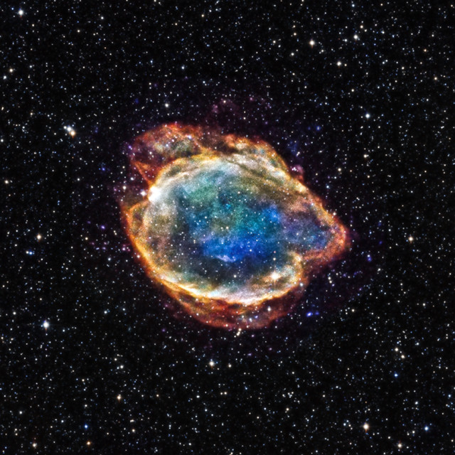 This composite of x-ray and infrared images taken by the Chandra X-ray Observatory, released on 2/12/15, is supernova remnant G299.2-2.9 left over by a type Ia supernova.  It's located about 16,000 light years from earth.  (NASA/CXC/U.Texas)