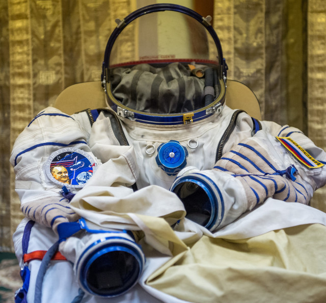 This is a Russian sokol suit worn by astronauts/cosmonauts who fly up and back from the International Space Station. The photo was taken on 5/7/15 as members of the upcoming ISS expedition 44/45 crew prepare for their spaceflight to the space station. (NASA)