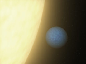 Artist rendering of super-Earth exoplanet 55 Cancri e in close orbit with its sun. (NASA)