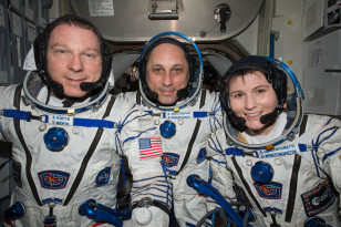 NASA astronaut Terry Virts (left) Commander of Expedition 43 on the International Space Station along with crewmates Russian cosmonaut Anton Shkaplerov (center) and ESA (European Space Agency) astronaut Samantha Cristoforetti on May 6, 2015 (NASA)