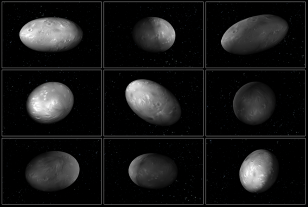 This set of computer modeling illustrations of Pluto’s moon Nix shows how the orientation of the moon changes unpredictably as it orbits the “double planet” Pluto-Charon. (NASA/ESA/M. Showalter (SETI)/G. Bacon (STScI))