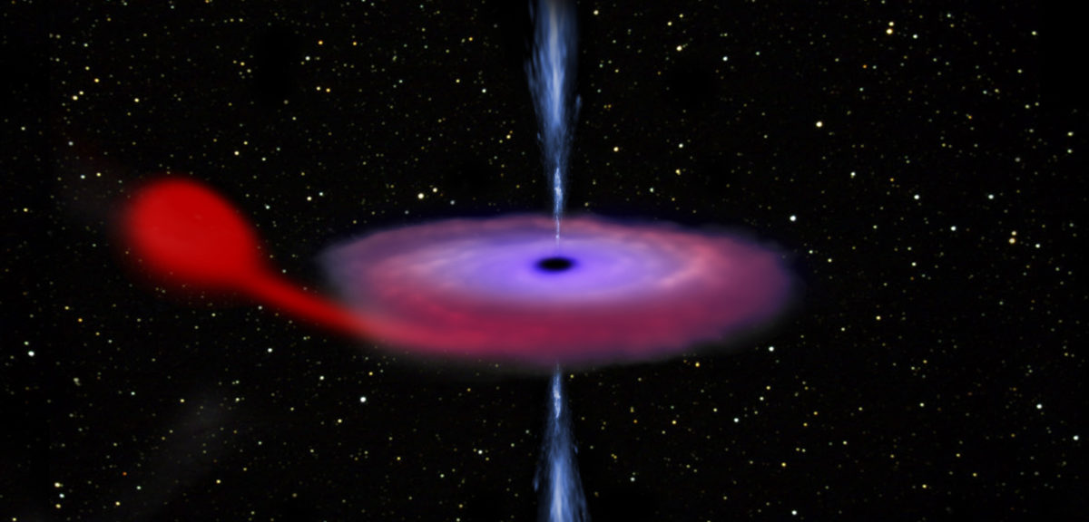 Artist’s impression of a black hole feasting on matter from its companion star in a binary system. Material flows from the star towards the black hole and gathers in a disc, where it is heated up, shining brightly at optical, ultraviolet and X-ray wavelengths before spiralling into the black hole. (ESA/ATG medialab)