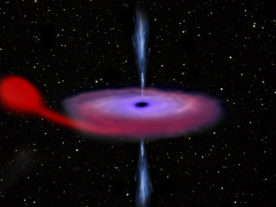 Artist’s impression of a black hole feasting on matter from its companion star in a binary system. Material flows from the star towards the black hole and gathers in a disc, where it is heated up, shining brightly at optical, ultraviolet and X-ray wavelengths before spiralling into the black hole. (ESA/ATG medialab)