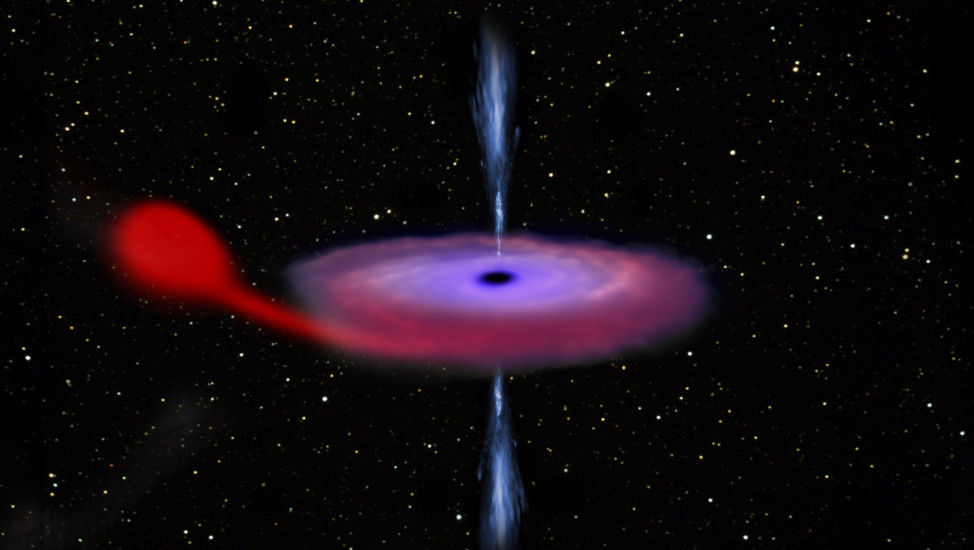 Artist’s impression of a black hole feasting on matter from its companion star in a binary system. Material flows from the star towards the black hole and gathers in a disc, where it is heated up, shining brightly at optical, ultraviolet and X-ray wavelengths before spiralling into the black hole. (ESA/ATG medialab)