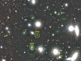 A color image made with B, R, and i-band images from the Subaru Telescope. A small region of 6 x 6 arcmin is cut out from large Coma Cluster images. Yellow circles show two of the 47 dark galaxies discovered last year, and green circles are the ones discovered in this new study. Image without the labels is here, image without the labels and circles is here. (Credit: NAOJ)