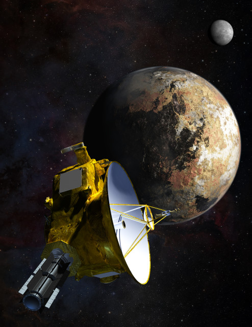 Artist’s concept of the New Horizons spacecraft as it approaches Pluto and its largest moon, Charon. (Johns Hopkins University Applied Physics Laboratory/Southwest Research Institute (JHUAPL/SwRI))