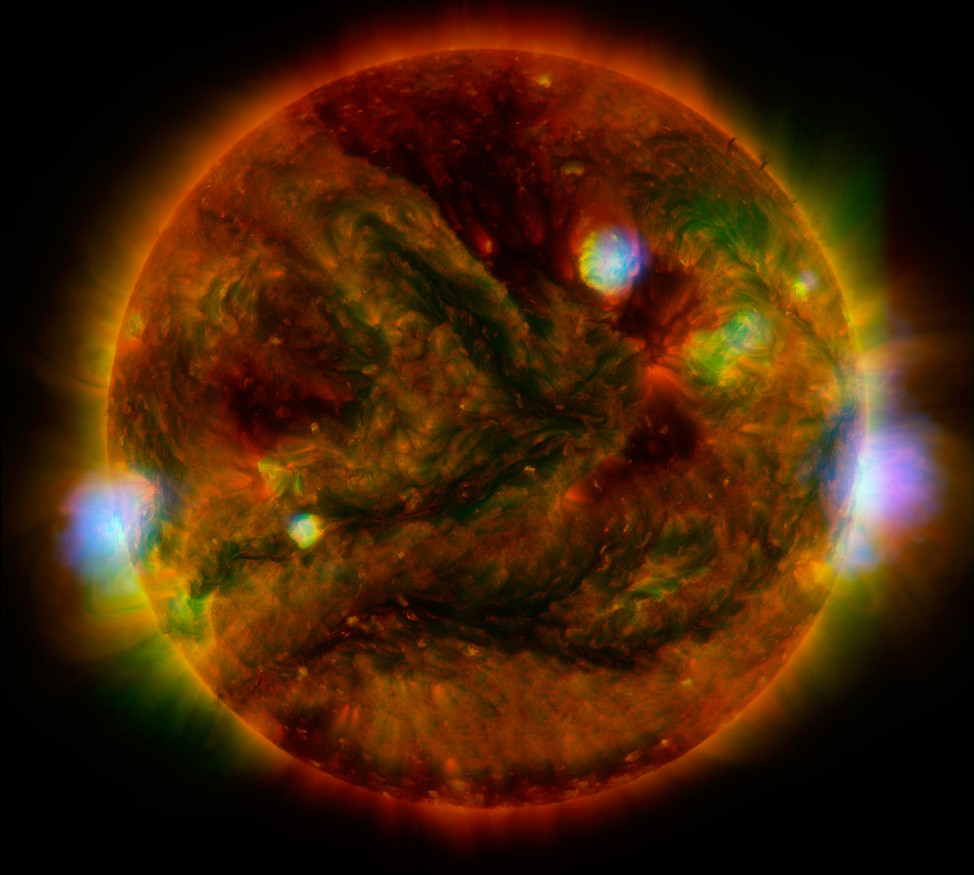 NASA's NuSTAR telescope has captured high-energy X-rays coming from active regions across the sun. This image was created by combining observations from NuSTAR along with several other telescopes. The image was presented on 7/8/15 at the Royal Astronomical Society's National Astronomy Meeting in Llandudno, Wales. (NASA/JPL-Caltech/GSFC/JAXA)