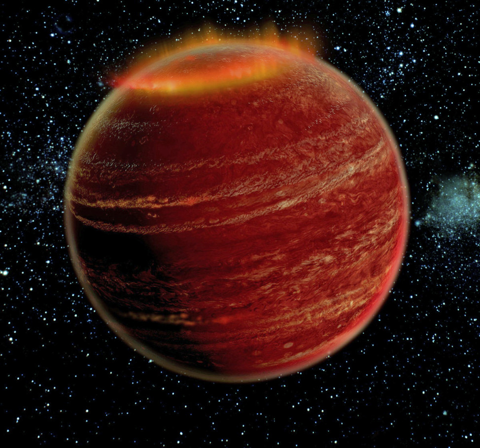 Caltech led scientists discovered a powerful auroral display – seen in this artist’s conception – on a brown dwarf star some 20 light years away.  The scientists said that these auroras also happen to be hundreds of thousands of times more powerful than any detected in our solar system. This discovery was outlined in the 7/30/15 edition of the journal “Nature”. (Chuck Carter and Gregg Hallinan/Caltech)