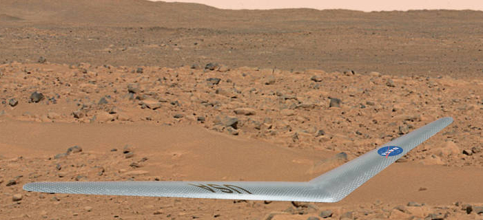 Artist's concept of NASA's boomerang-like drone flying above the Martian surface (NASA)