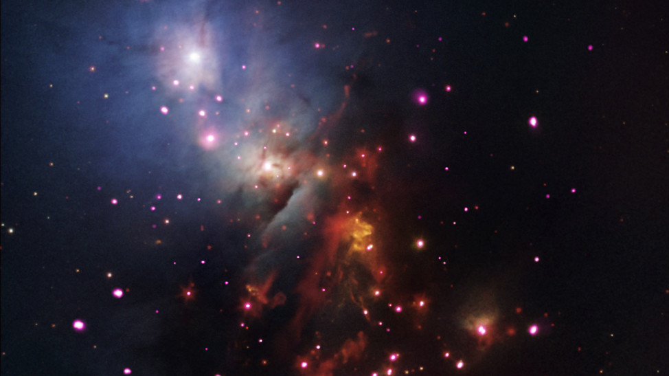 This composite image of stellar cluster NGC 1333 was created by combining observations made by NASA’s Chandra X-ray Observatory and Spitzer Space Telescope, along with optical data from the Digitized Sky Survey and the National Optical Astronomical Observatories' Mayall 4-meter telescope near Tucson, Arizona. (NASA/CXC/JPL-Caltech/NOAO/DSS)
