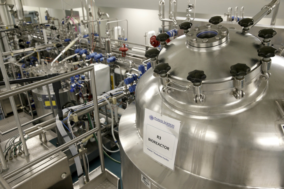 A bioreactor stands in the production facilities of Protein Sciences in Pearl River, New York, Tuesday on 8/18/15. Protein Sciences is among the companies working on a greater variety of vaccine options for the coming flu season.  The company’s genetically engineered vaccine called Flublok was developed for people allergic to eggs.   Those with egg allergies are unable to receive regular flu vaccines. (AP) 