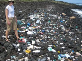 Plastic ocean debris littering Hawaiian shoreline. Hawaii is located near the center of the North Pacific gyre where debris tends to concentrate. (NOAA)