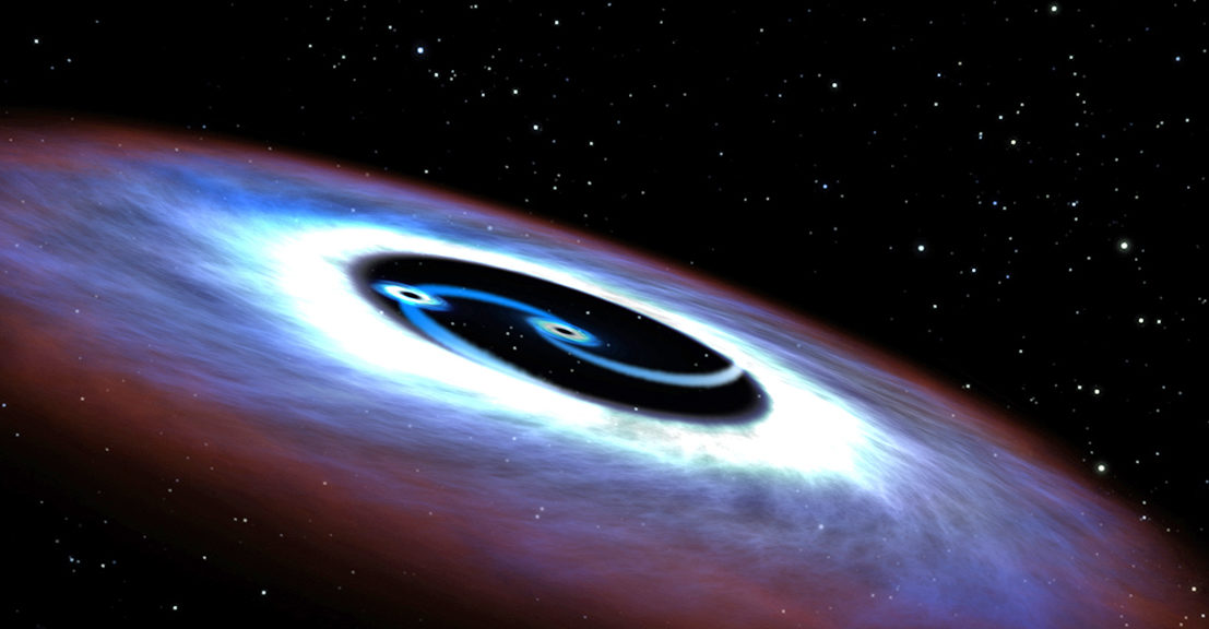 Artistic illustration of a binary black hole found in the center of the nearest quasar to Earth, Markarian 231. (NASA, ESA, & G. Bacon (STScI))