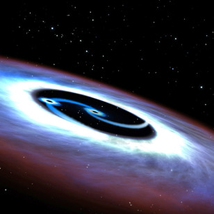 Artistic illustration of a binary black hole found in the center of the nearest quasar to Earth, Markarian 231. (NASA, ESA, & G. Bacon (STScI))