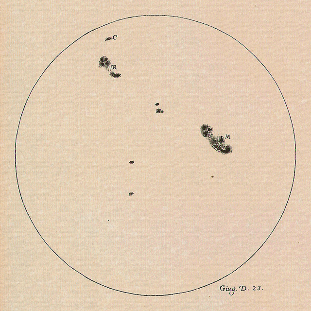 A drawing of the Sun made by Galileo Galilei on 23 June 1613 showing the positions and sizes of a number of sunspots. Galileo was one of the first to observe and document sunspots. (The Galileo Project/M. Kornmesser)