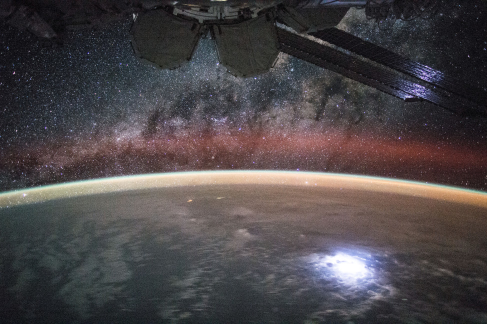 With the Milky Way in the background, ISS crewmember Kjell Lingren grabbed this photo from space of a lightning strike on Earth that is so bright that it lights up the space station’s solar panels.  Lingren posted this photo on Twitter and Instagram on 9/2/15. (NASA)