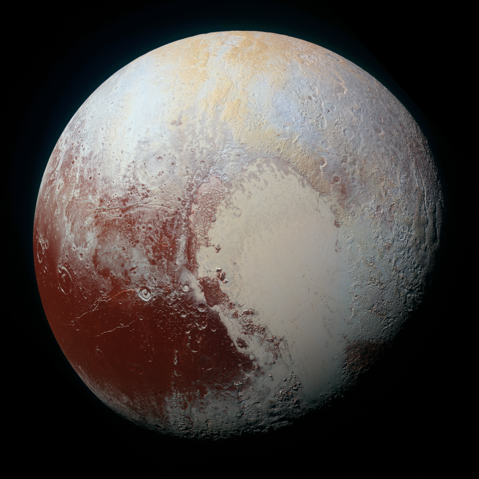 NASA released this high-resolution enhanced color view of Pluto on 9/25/15.  The image combines blue, red and infrared images taken by the Ralph/Multispectral Visual Imaging Camera (MVIC) on 7/14/15.  (NASA/JHUAPL/SwRI)