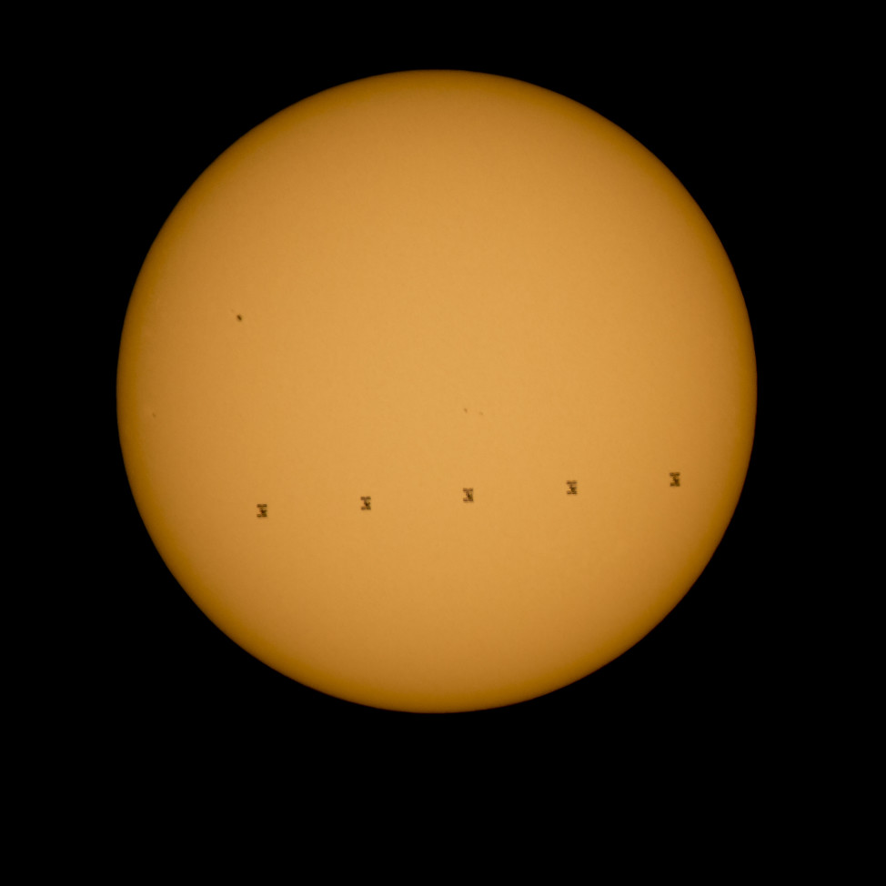 This five frame composite silhouette of the International Space Station as it glides in front of the Sun was taken on 9/6/15 from Shenandoah National Park, Front Royal Virginia.  As it passed the sun the ISS was traveling at a speed of about 8 kilometers per second. (NASA/Bill Ingalls)