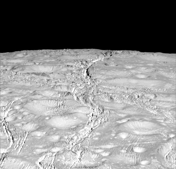 NASA's Cassini spacecraft zoomed by Saturn's icy moon Enceladus on Oct. 14, 2015, capturing this stunning image of the moon's north pole. (NASA/JPL-Caltech/Space Science Institute)