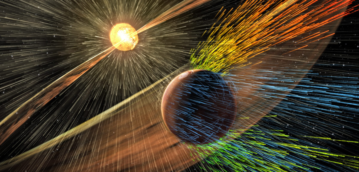 Artist’s rendering of a solar storm hitting Mars and stripping ions from the planet's upper atmosphere. (NASA/GSFC)