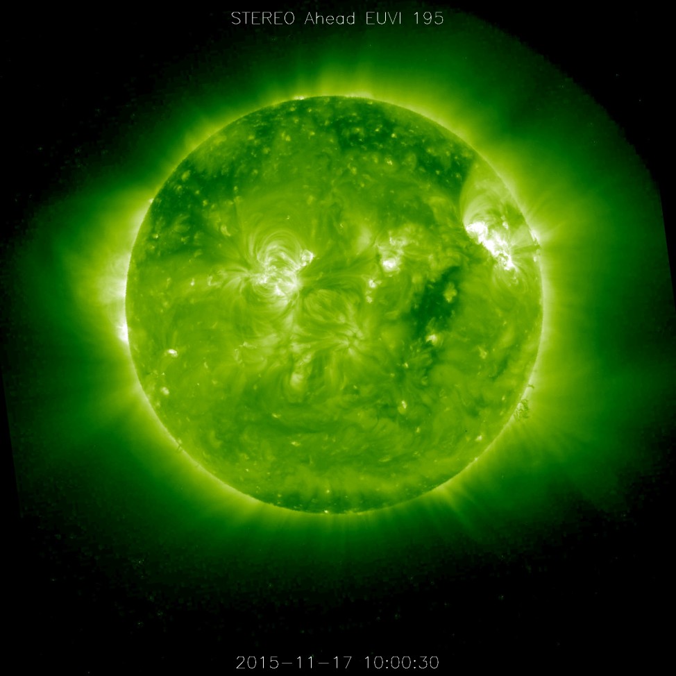 After sitting behind the sun for nearly a year NASA’s Solar and Terrestrial Relations Observatory Ahead, or STEREO-A, resumed its normal science operations on 11/17/15.  This is an image of the sun taken with the Extreme Ultraviolet Imager aboard STEREO-A. This image shows the sun in wavelengths of 195 angstroms, which are typically colorized in green. (NASA/STEREO)