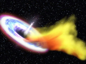 Artist impression of a black hole consuming a star that has been torn apart by the black hole’s strong gravity. As a result of this massive “meal” the black hole begins to launch a powerful jet that can be detected with radio telescopes. (NASA/Goddard Space Flight Center/Swift)