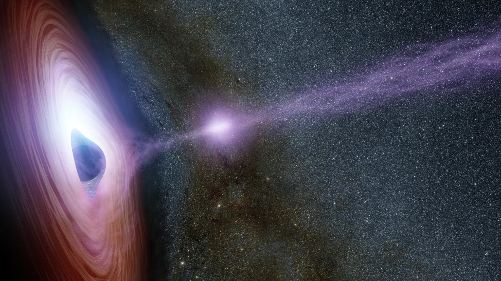 New observations from NASA's Swift and the Nuclear Spectroscopic Telescope Array, or NuSTAR caught a supermassive black hole in the midst of a giant eruption of X-ray light.  In this artist’s image, released on 10/27/15, an x-ray flare can be see blasting from the corona of the supermassive black hole Mrk 335. (NASA/JPL-Caltech) 