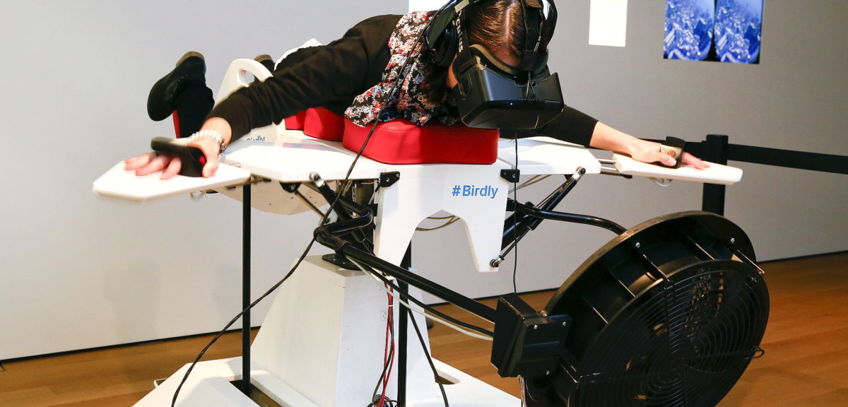 A visitor tries the flight simulator ‘Birdly’ at the exhibition "Animated Wonderworlds" at Zurich’s Museum for Design, 11/17/15. Birdly simulates the flight of a red kite over New York City, controlled by the entire body of the user. The flight simulator was developed by scientists at Zurich University of the Arts. (Reuters)