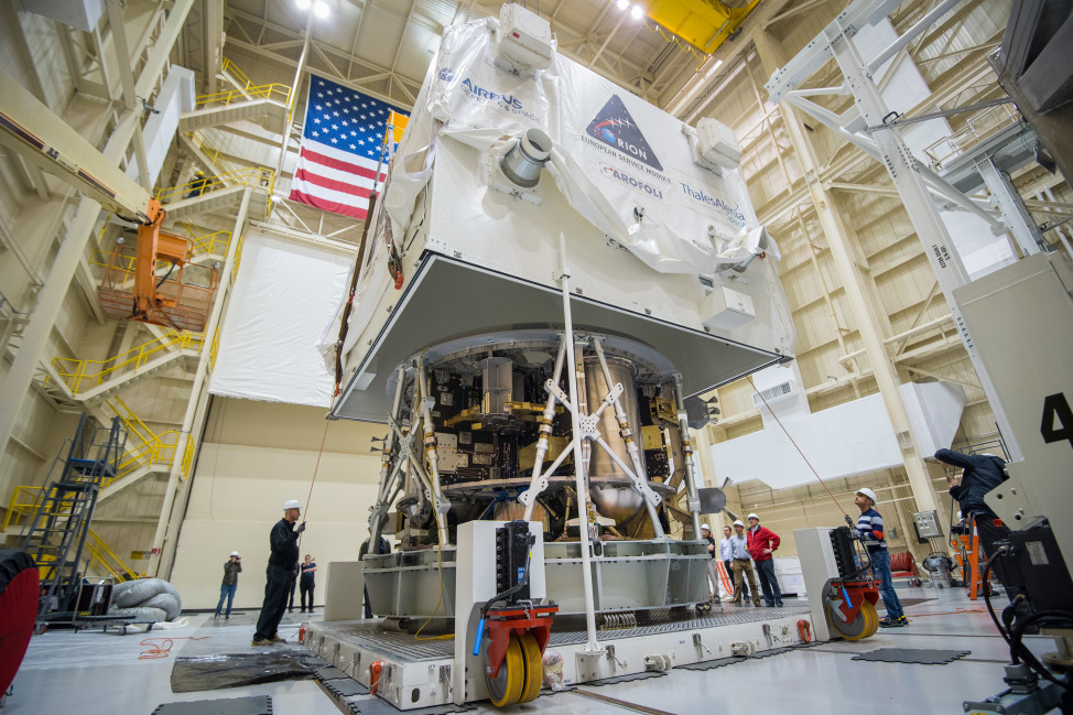 The European Space Agency’s European Service Module arrived in Cleveland during 11/15 and was transported to NASA Glenn’s Plum Brook Station for testing in the Space Power Facility in 2016. (NASA)