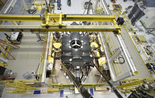 This rare overhead shot of the James Webb Space Telescope shows the nine primary flight mirrors installed on the telescope structure in a clean room at NASA's Goddard Space Flight Center in Greenbelt, Maryland. (NASA's Goddard Space Flight Center/Chris Gunn)